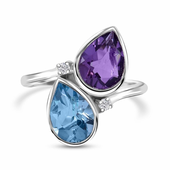 NWT African Amethyst, Sky Blue Topaz and Moissanite Bypass Ring Size 9 - Picture 3 of 13